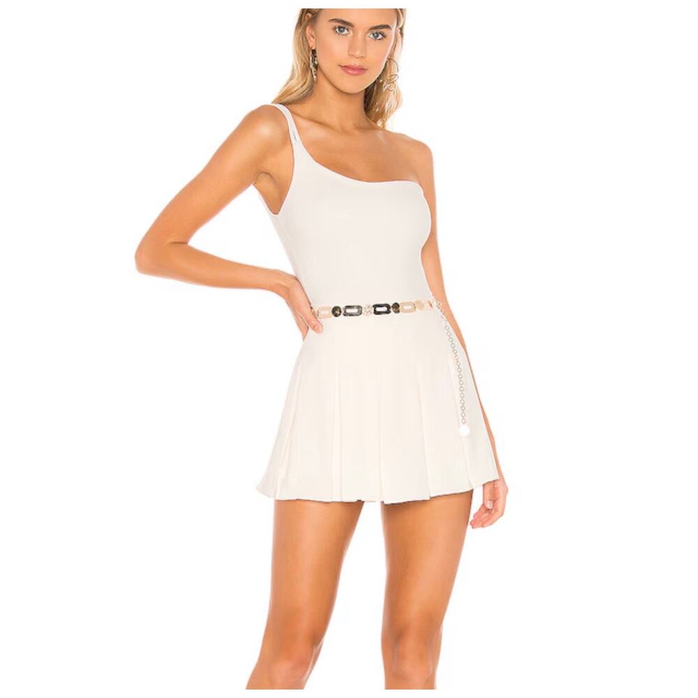 Amanda Uprichard Cream One-Shoulder Pleated Midi Skirt with Chain Belt